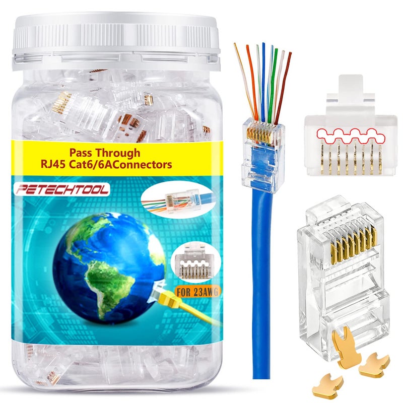 PETECHTOOL RJ45 23AWG Cat6a Cat6 Connector Gold Plated 8P8C Pass Through Ends UTP Network Plug for Unshielded Twisted Pair Solid Wire & Standard Cables | Transparent Passthrough Ethernet Connector (100Packs) - Image 1